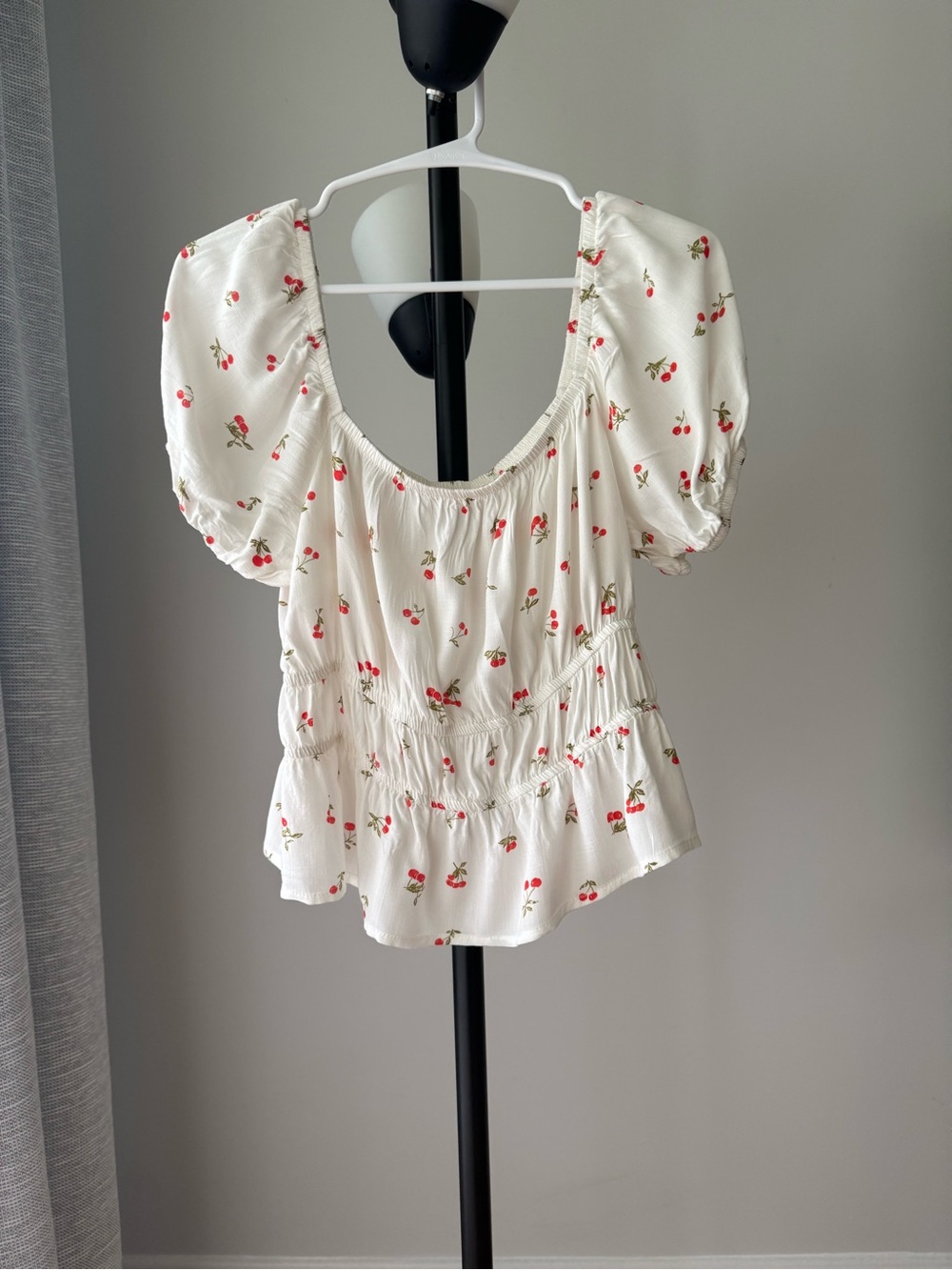 SO Cherry Print Peplum Blouse Women’s Large Puff Sleeve Cottagecore Top